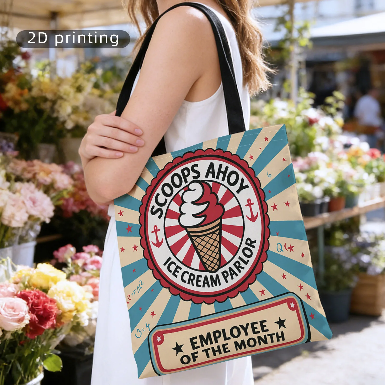 

1pc Pattern Printing Handbag, Large Capacity Shoulder Bag, Shopping Bag, Multi-Purpose Package, Ice Cream, Scoops Ahoy, Employee