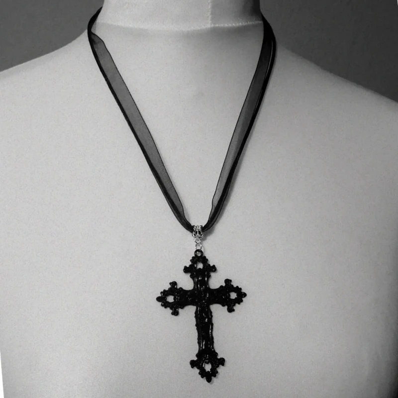 Large Black Ornate Medieval Victorian Cross Black Ribbon Cord Necklace Gothic