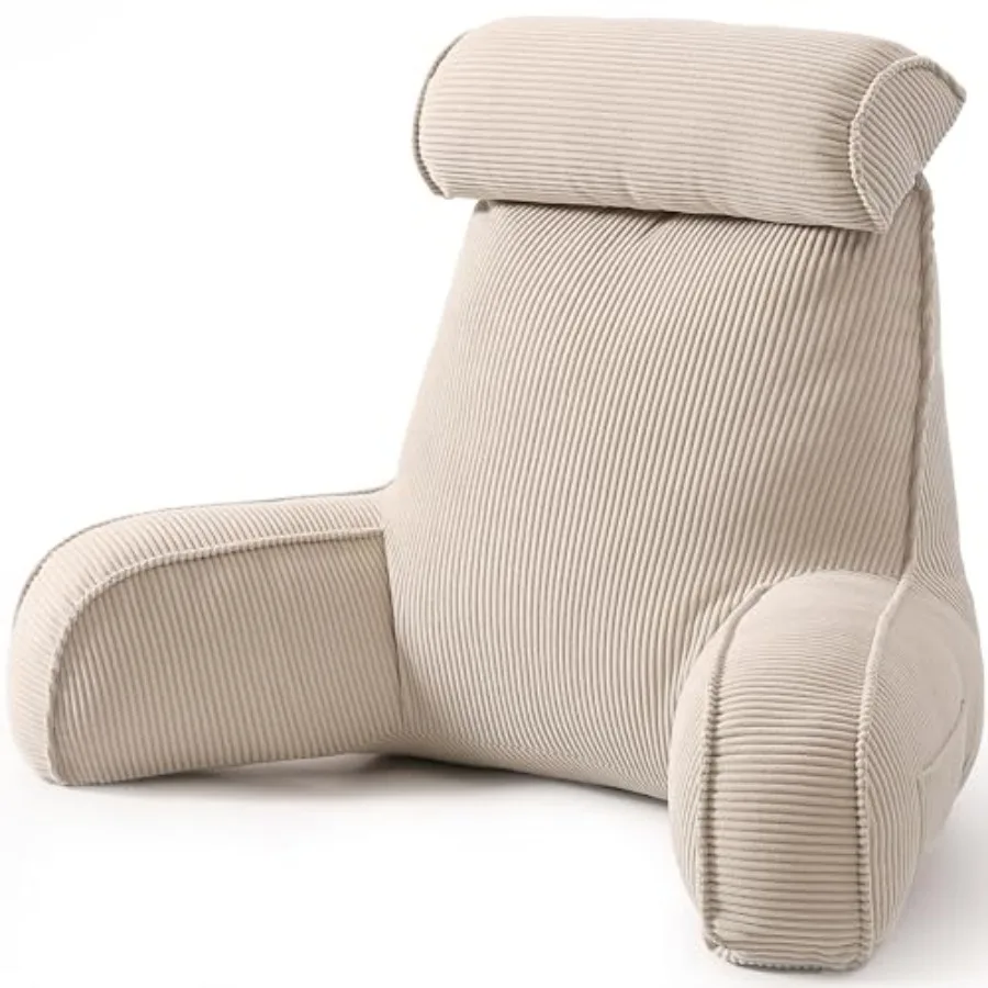 

Reading Pillow for Sitting Up in Bed, Corduroy Backrest Pillow with Arms, Side Pocket and Washable Cover, Bed Rest Pillow Back