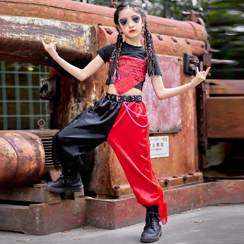 女の子中国風ジャズダンスパフォーマンス衣装赤緩い社交ヒップホップ服レイブストリートダンスウェア