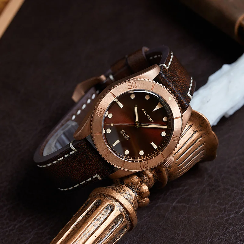 Baltany Men Automatic Watch Pilot 44mm Cusn8 Bronze Mechaical Wristwatch Sapphire Mirror 20ATM Waterproof BGW-9 Luminous NH38