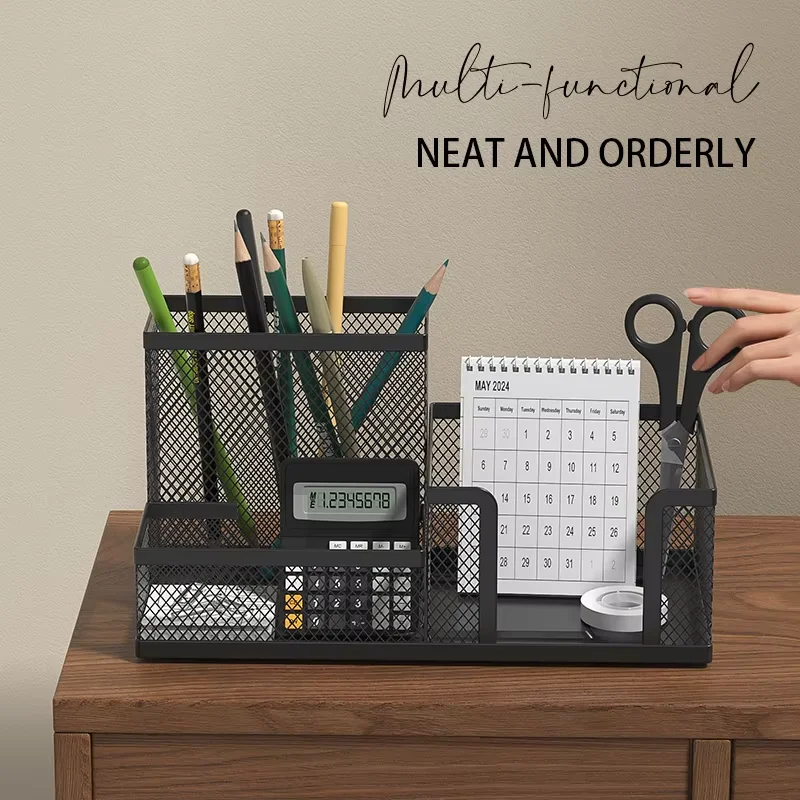 Deli Metal Mesh Pen Holder Square Simple Multi functional Three Grid Desktop Storage Box Office Supplies