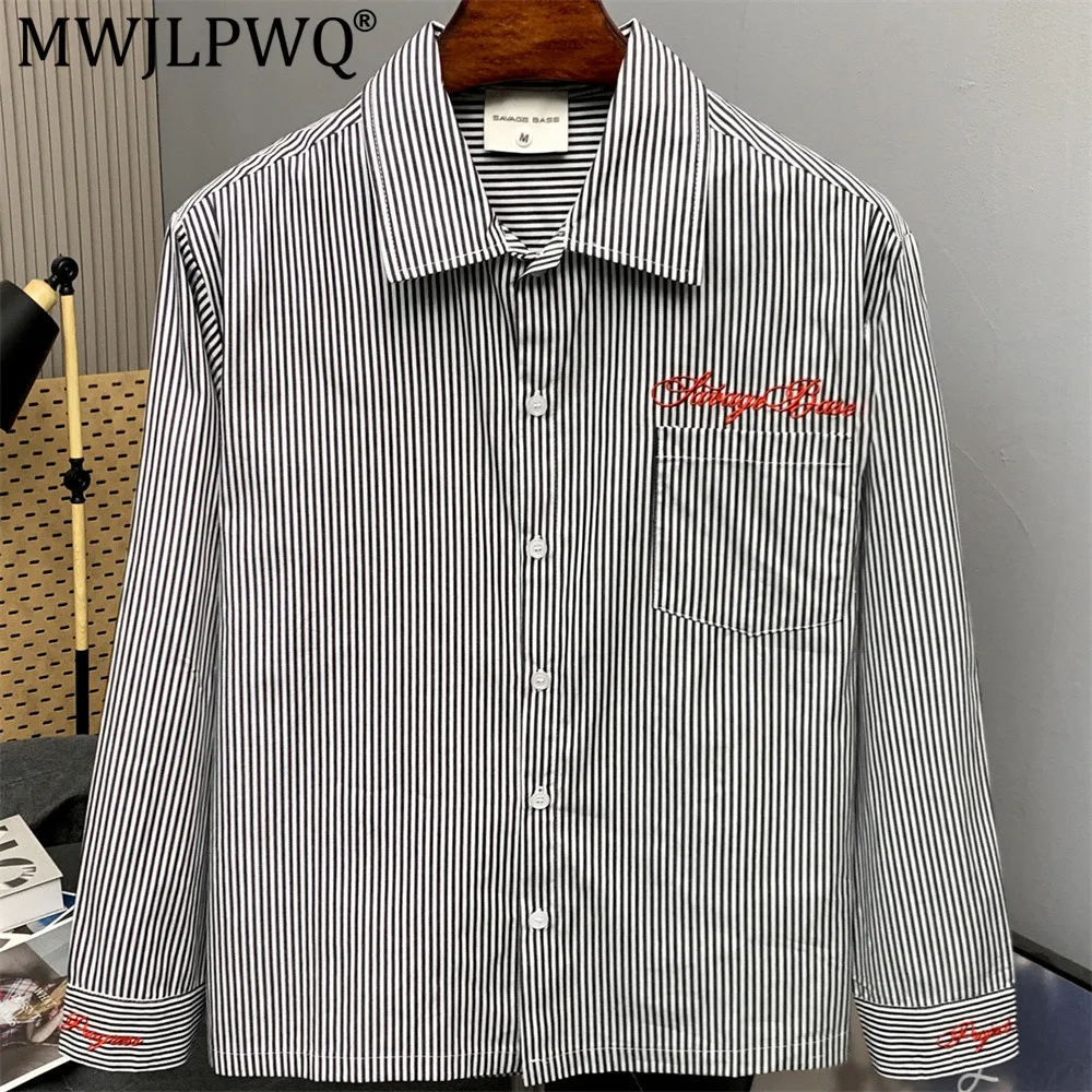 MWJLPWQ American Street Style Vertical Striped Long-Sleeve Shirt For Men Unique Vibe Japanese Casual Loose Fit Lapel Tops 20629