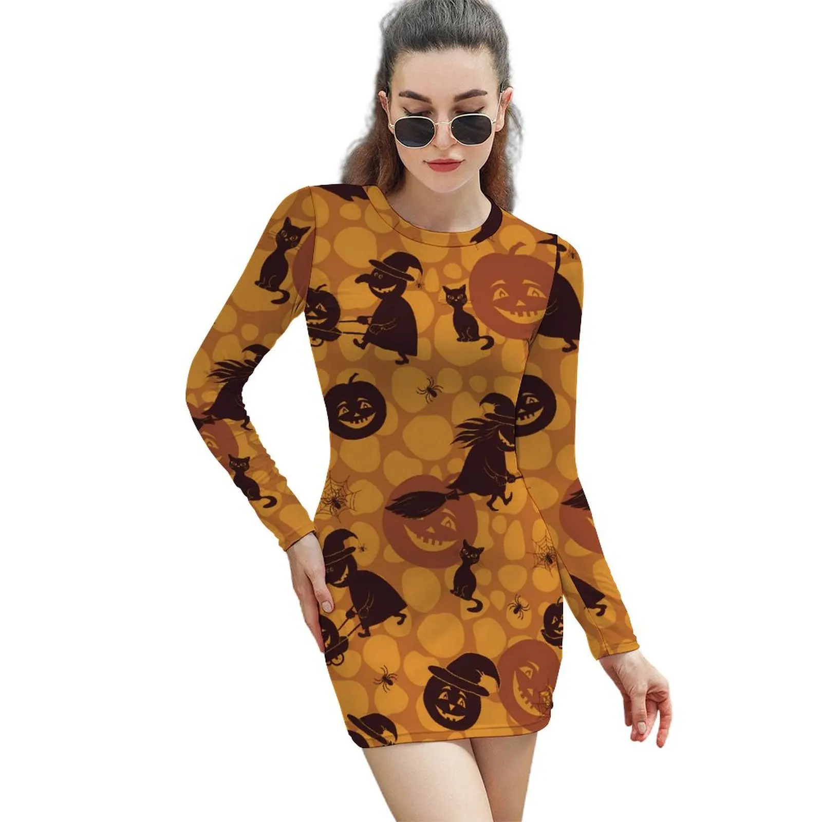 Happy Haunts Bodycon Dress Woman Halloween Symbols Kawaii Dresses Autumn Long Sleeve Street Wear Graphic Dress Large Size