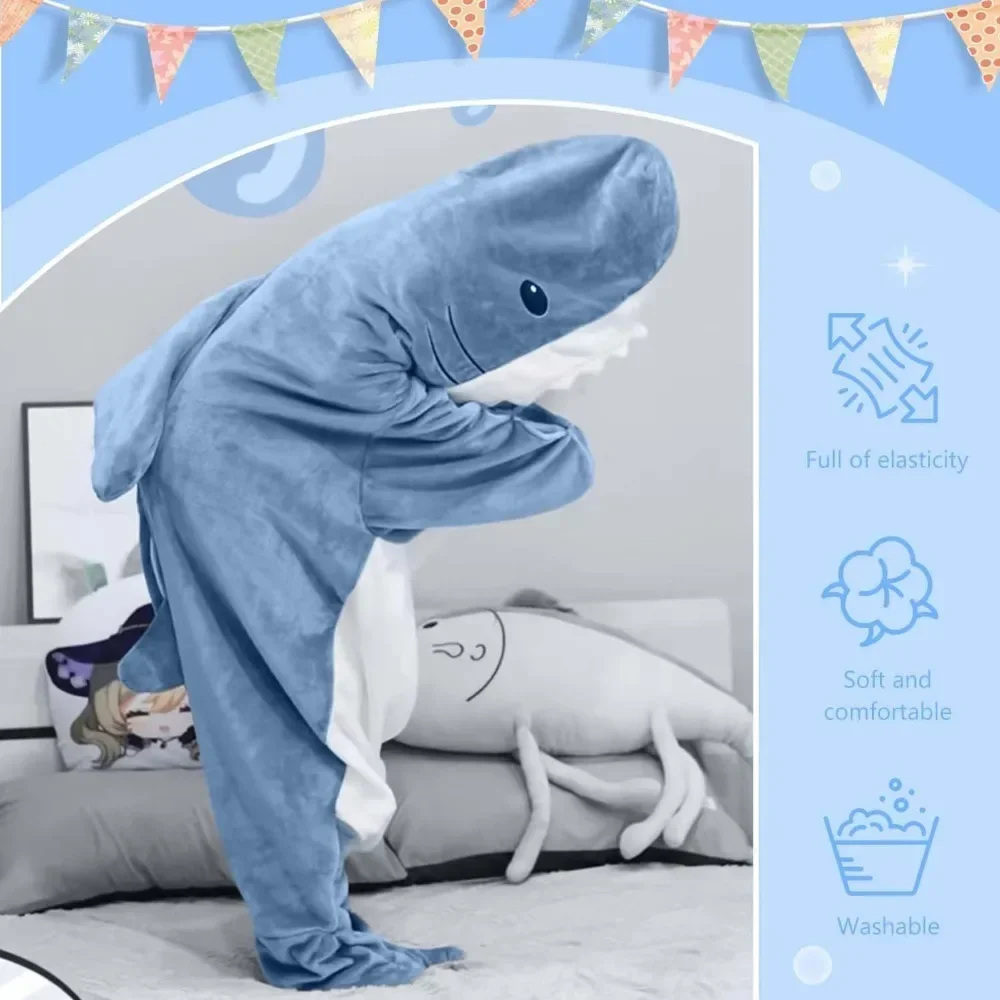 Shark Cartoon Sleeping Bags Adult Pajama Hooded Warm Flannel Blanket Funny Homewear Easy Onesie Sleeping Bag Winter Warm Clothes