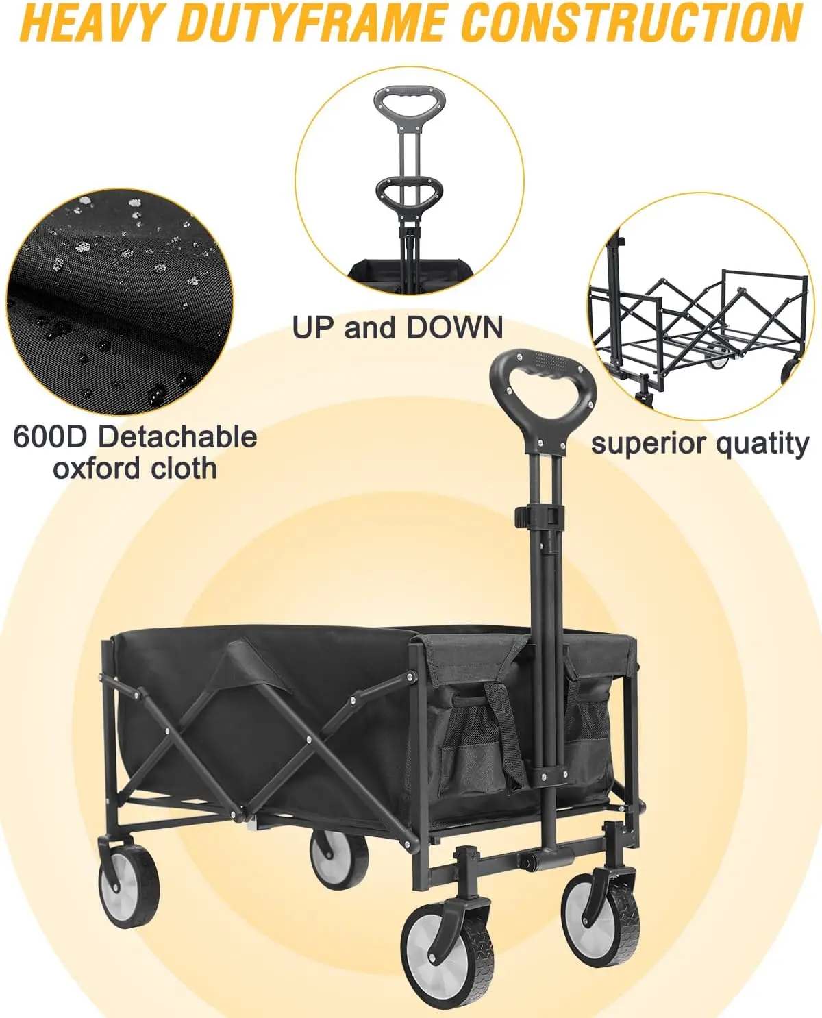 NUEVO vagón utilitario plegable para exteriores, carrito de playa con ruedas para todo terreno y portavasos, jardín y playa, color negro