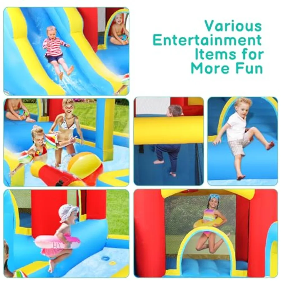 Inflatable Bounce House, Jumping Outdoor Air Castle Bouncer Double Water Slide with 750W Air-Blower (181" L x 143.7" W x 76.8" H