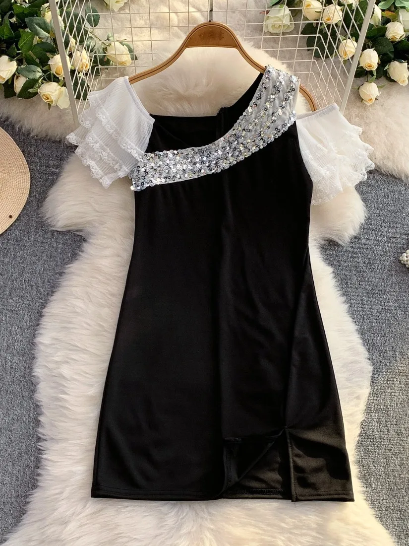 Foamlina vestido de verão feminino sexy lantejoulas retalhos fora do ombro em camadas malha rendas babados manga curta magro mini vestido de festa