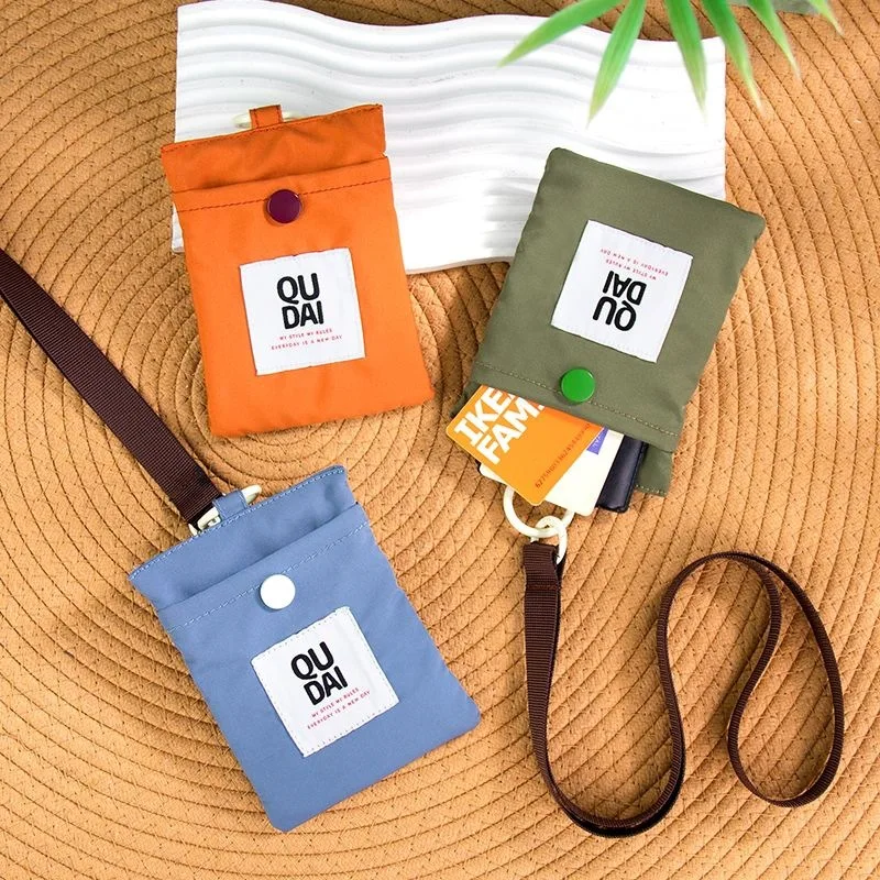 Mini Solid Color Nylon Coin Purse Detachable Lanyard Key Ring Snap Button ID Credit Card Holder Portable Small Wallet Women Dail