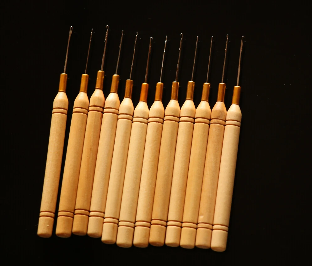 

48 pieces per lot, Micro Ring Hair Extension Wooden Pulling Needle Threader Feather Hook Tool