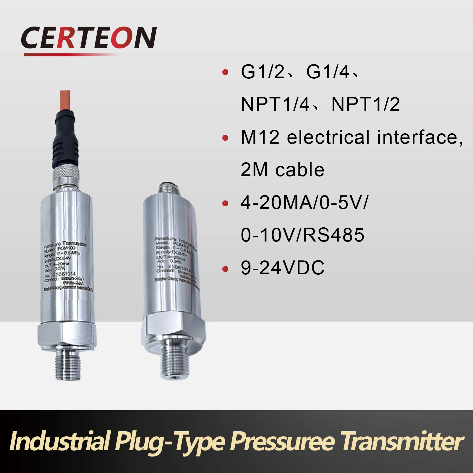 

M12 Industrial Plug-Type Pressure Transmitter 4-20mA IP67 Waterproof High Accuracy Stainless Steel Pressure Sensor