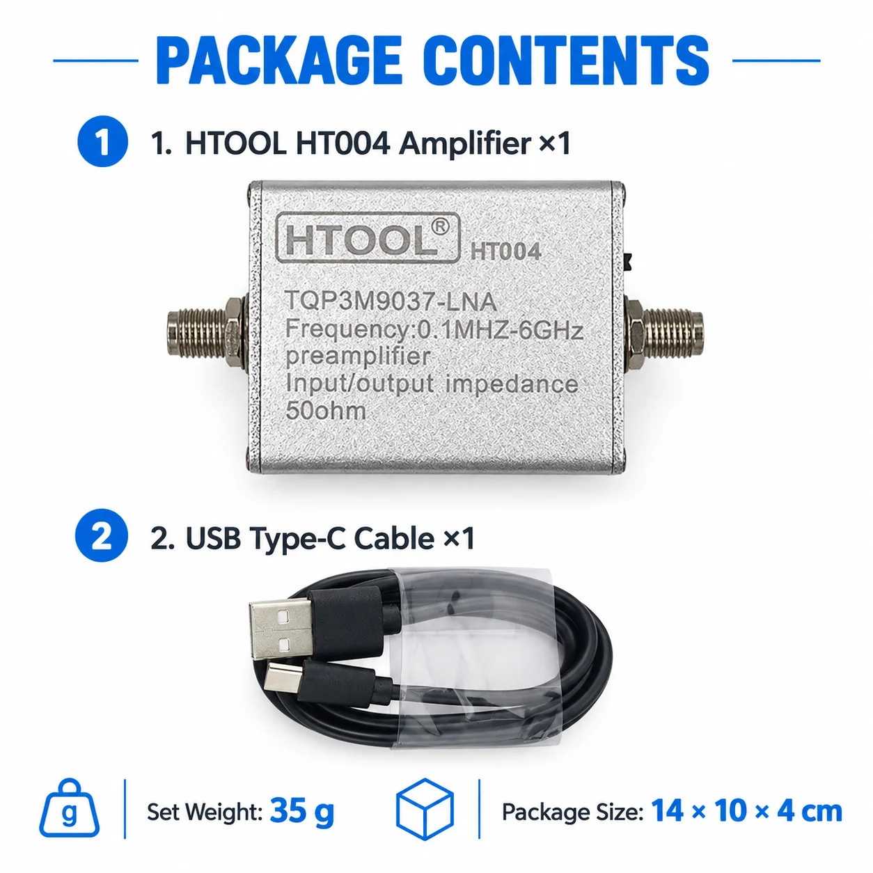HTOOL Wideband Low Noise Amplifier, 100kHz to 6GHz, 20dB Gain, Built In Battery, Type C Charging