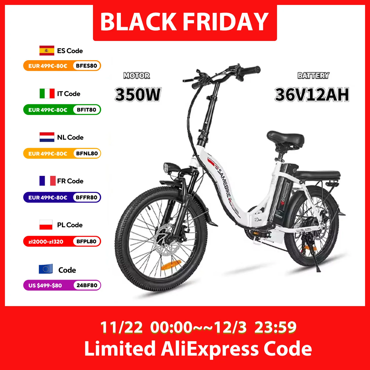 E-Bike 350W Brushless Motor 36V12AH Removable Lithium Battery Folding Electric Bicycle 20-Inch Tire Commuting Electric Bike