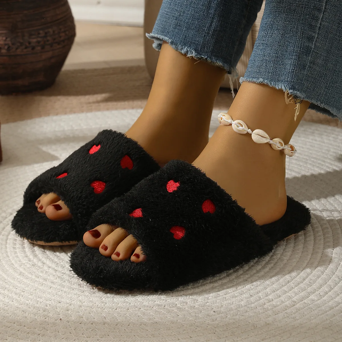 Winter Fluffy Women's Slippers Plush Heart-shaped Home Slippers For Women Flat Platform Casual Indoor Open Toe Fashion Footwear image 3