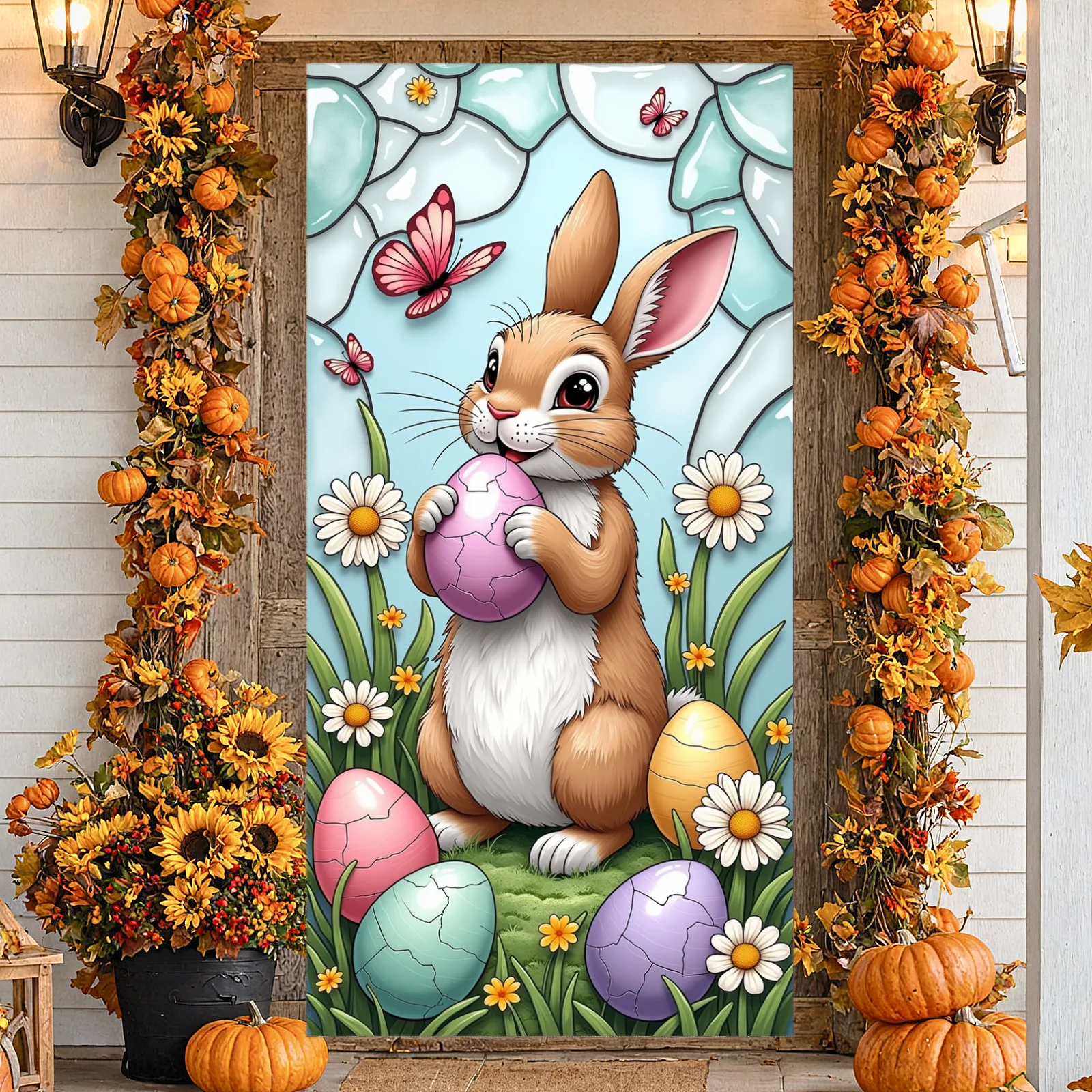 

Пасхальный садовый баннер с мультяшным кроликом, пасхальный цветочный баннер, весенний садовый дисплей, весенняя тема, садовый кролик, фон на весну