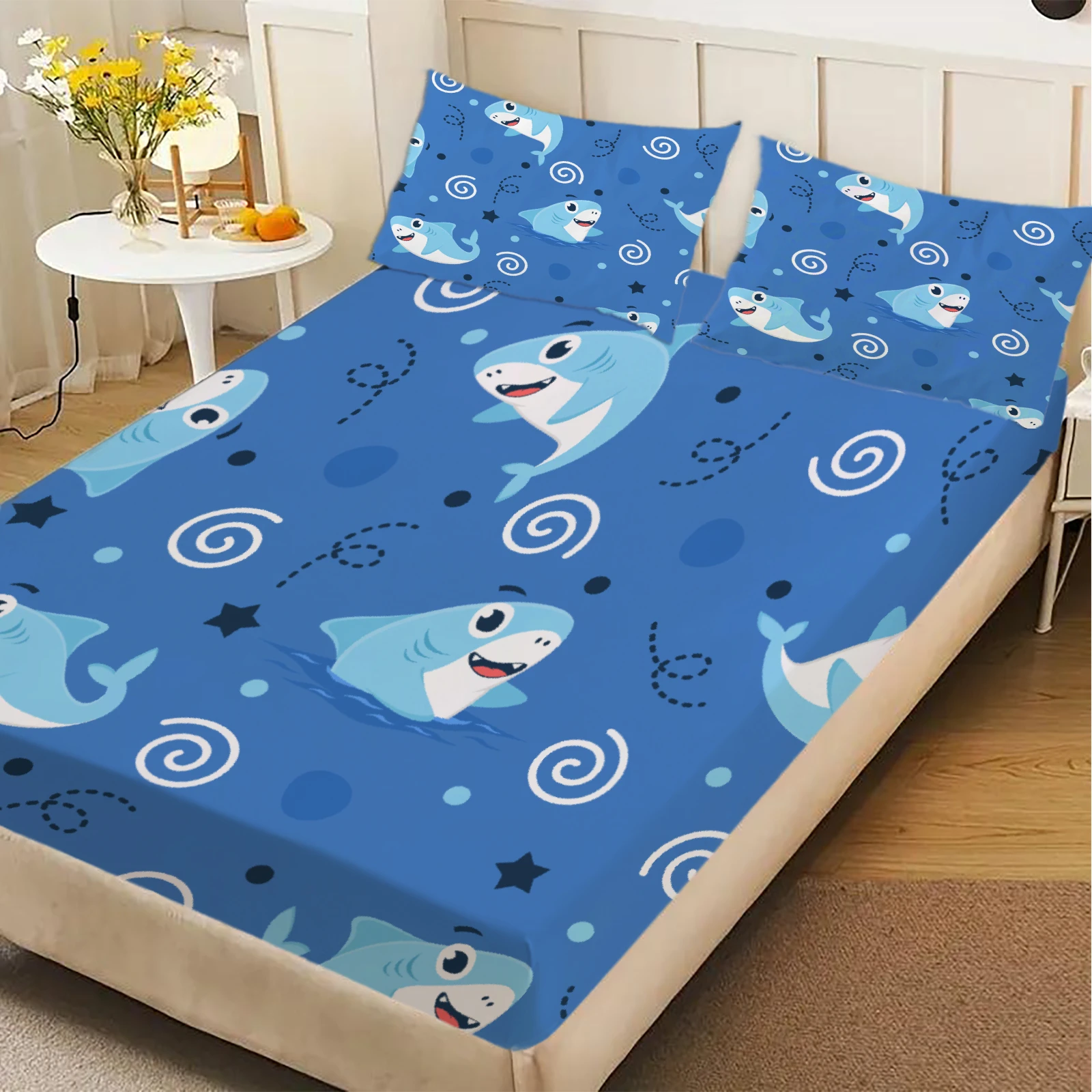 3pcs Fitted Sheet Set Shark Swirl Stars Dots Ocean Wrinkle Resistant Breathable Bed Sheet With Pillowcases For Bedroom Decor