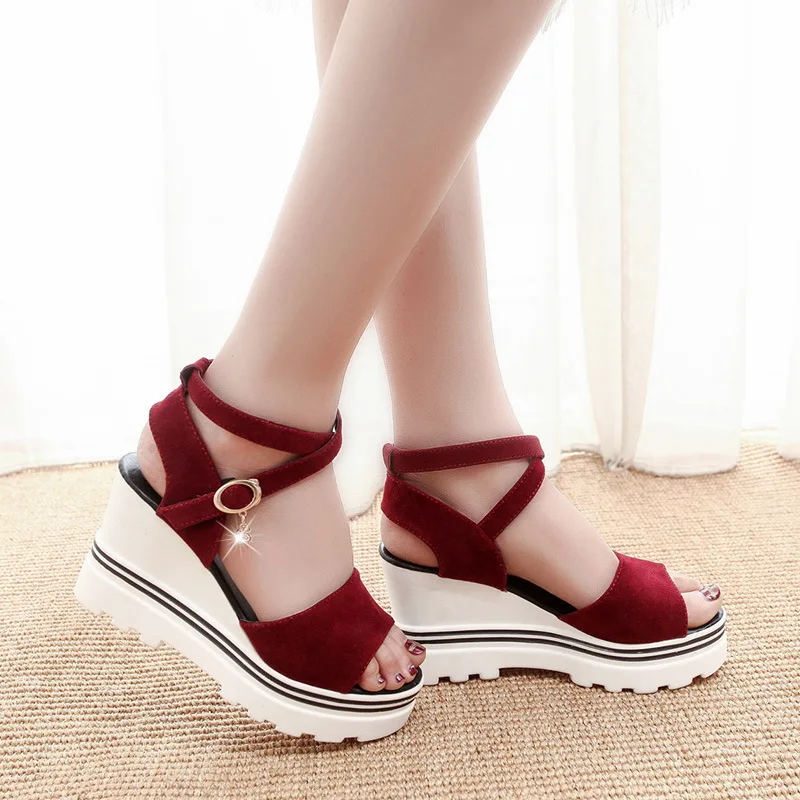 Vrouwen Zomer Wig Sandalen Vrouwelijke Gesp vismond Platform Bohemen Hoge Hak Sandalen Mode Enkelbandje Open Teen Dames Schoenen