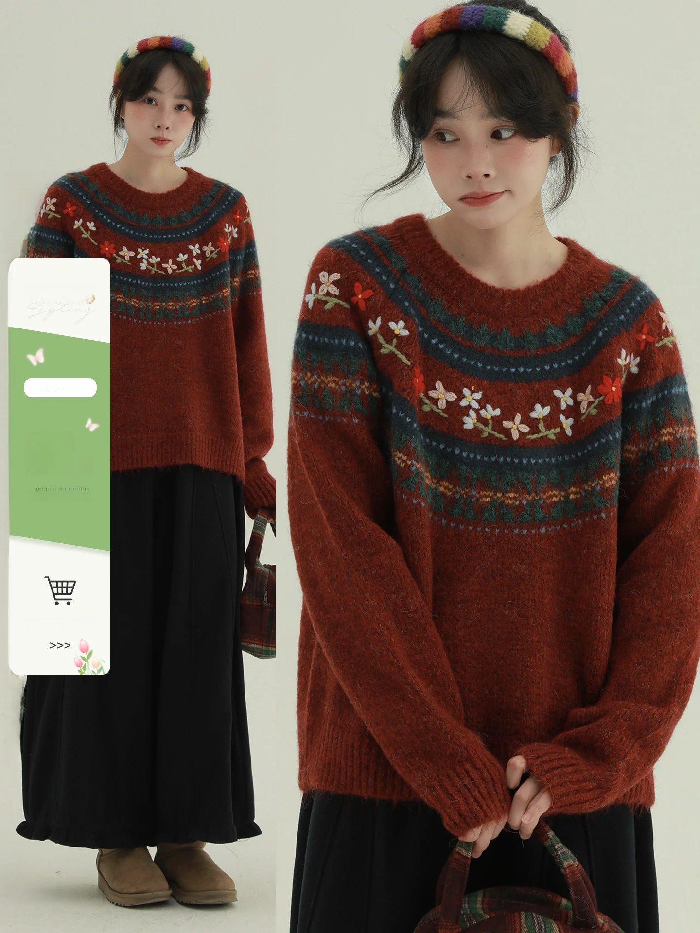 

Редкий винтажный свитер с вышивкой «Mantle Warm Flame» для женщин, осенне-зимний, свободный вязаный топ с круглым вырезом и длинными рукавами