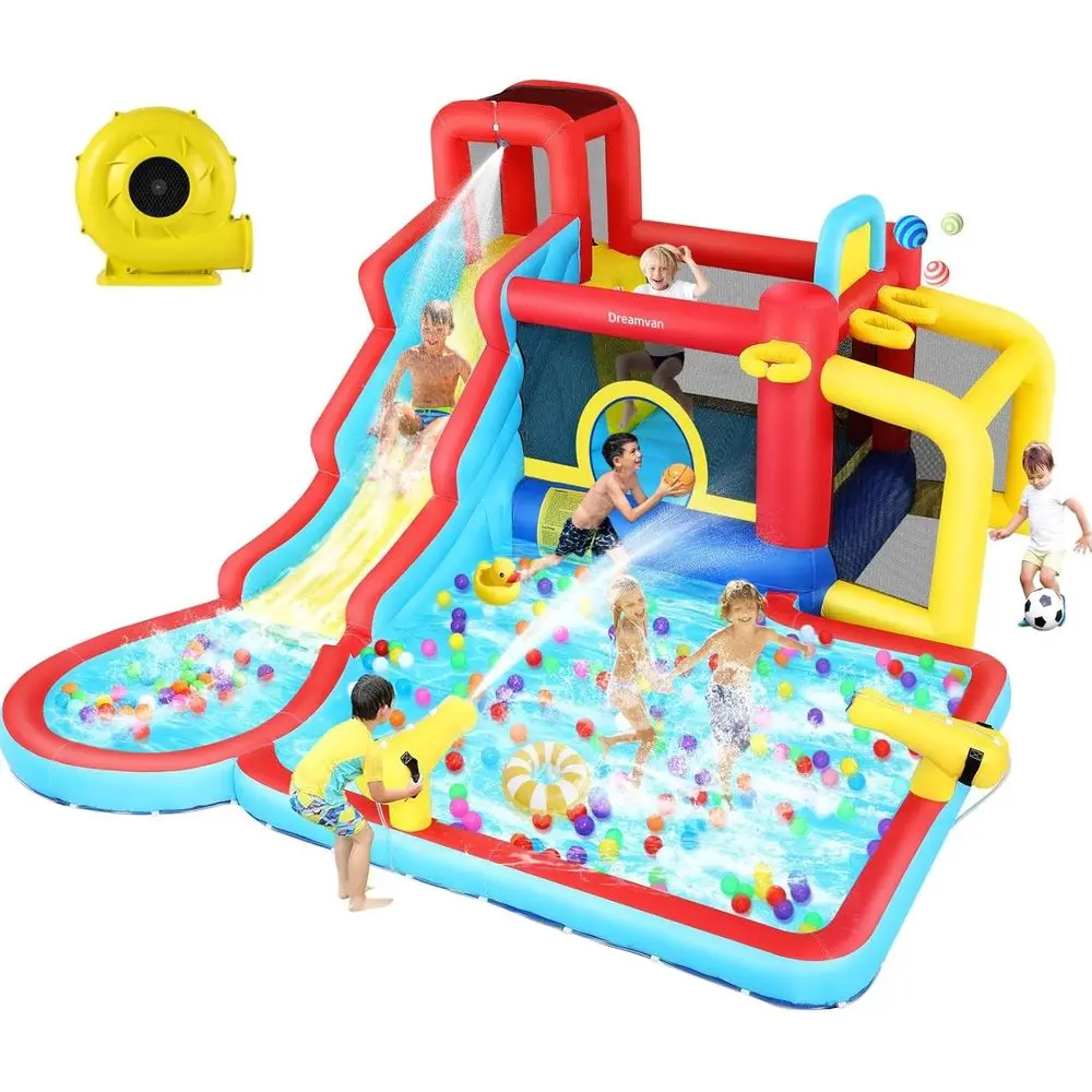 Water Slide Bounce House with Blower, Kids Iatable Water Slide Park Indoor Outdoor Fun Wet Dry Combo Bouncy House Castle w/Splas