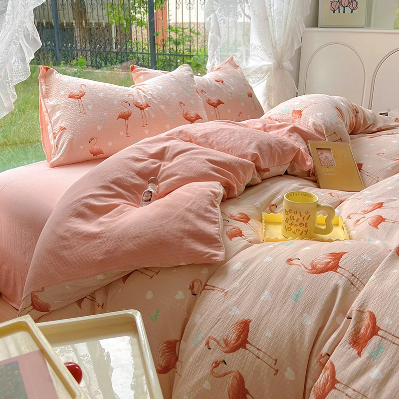 Pink Flamingo Bedding Set Cute Animal Duvet Cover Double Layer Yarn Comforter Covers for Kids Adults Men Women Romantic Theme