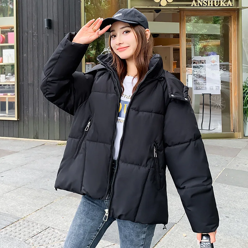 Women Short Oversize Parkas Coats Hooded Jacket Solid Drawstring Hem Zipper Fly Looose Fit Thick Casual Office Lady Winter 2025