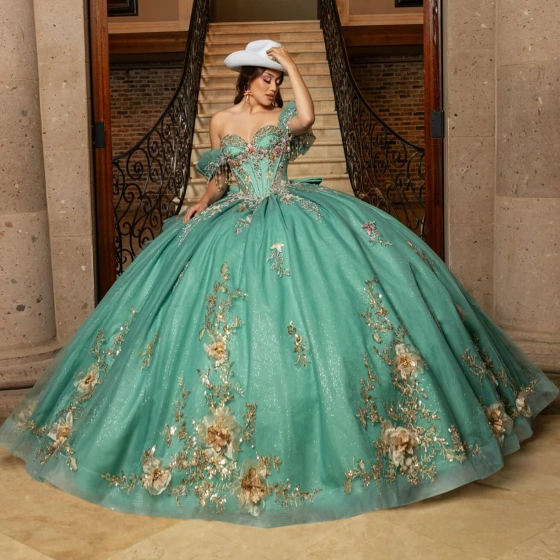 

Green Shiny Quinceanera Dresses Off The Shoulder Gold Applique Flower Beading Bow Corset Party Birthday Sweet 16 Dress Vestidos