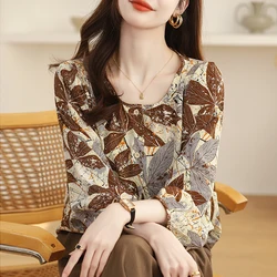 Women Spring Simplicity Floral O-neck Long Sleeve Shirts Women Clothes Korean Temperament All-match Appear Thin Elegant Tops