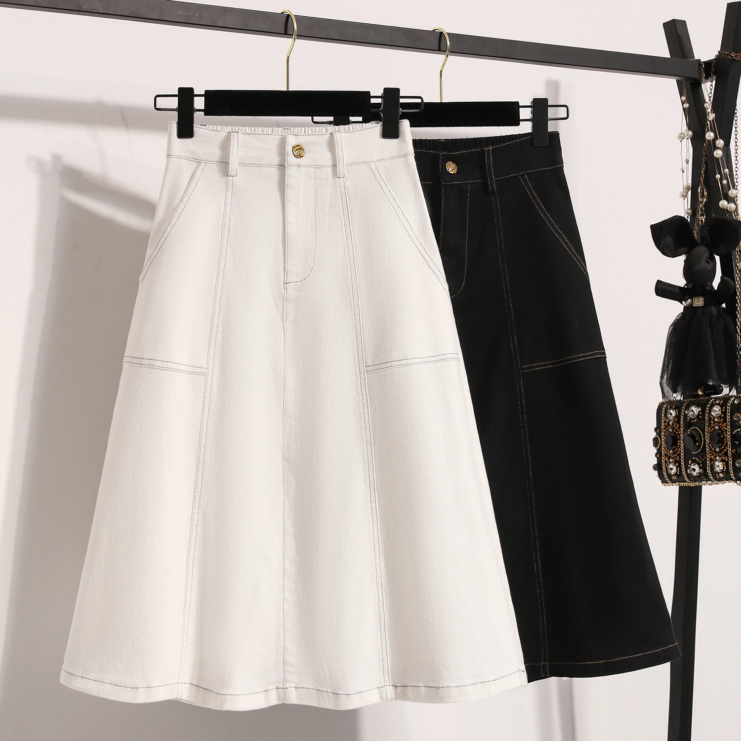 

Casual chic High Waist Chic Pleated button Ruched loose Skirts Korean Fashion Office Lady Basics Plus Size Clothing