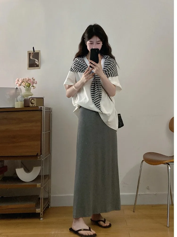 

Комплект: футболка с коротким рукавом в полоску и юбка миди с высокой талией, летний, новый, для женщин, больших размеров, повседневный, с эффектом омоложения