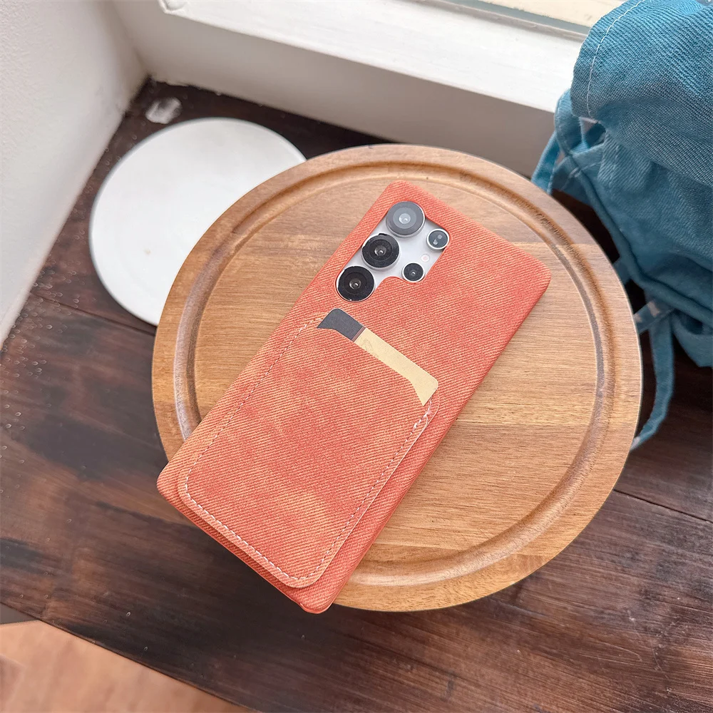

S26 Ultra Retro Stylish Card Slot Holder Phone Case for SamSung Galaxy S25 S24 S23 Girly Jeans Washed Denim Fabric Wallet Cover