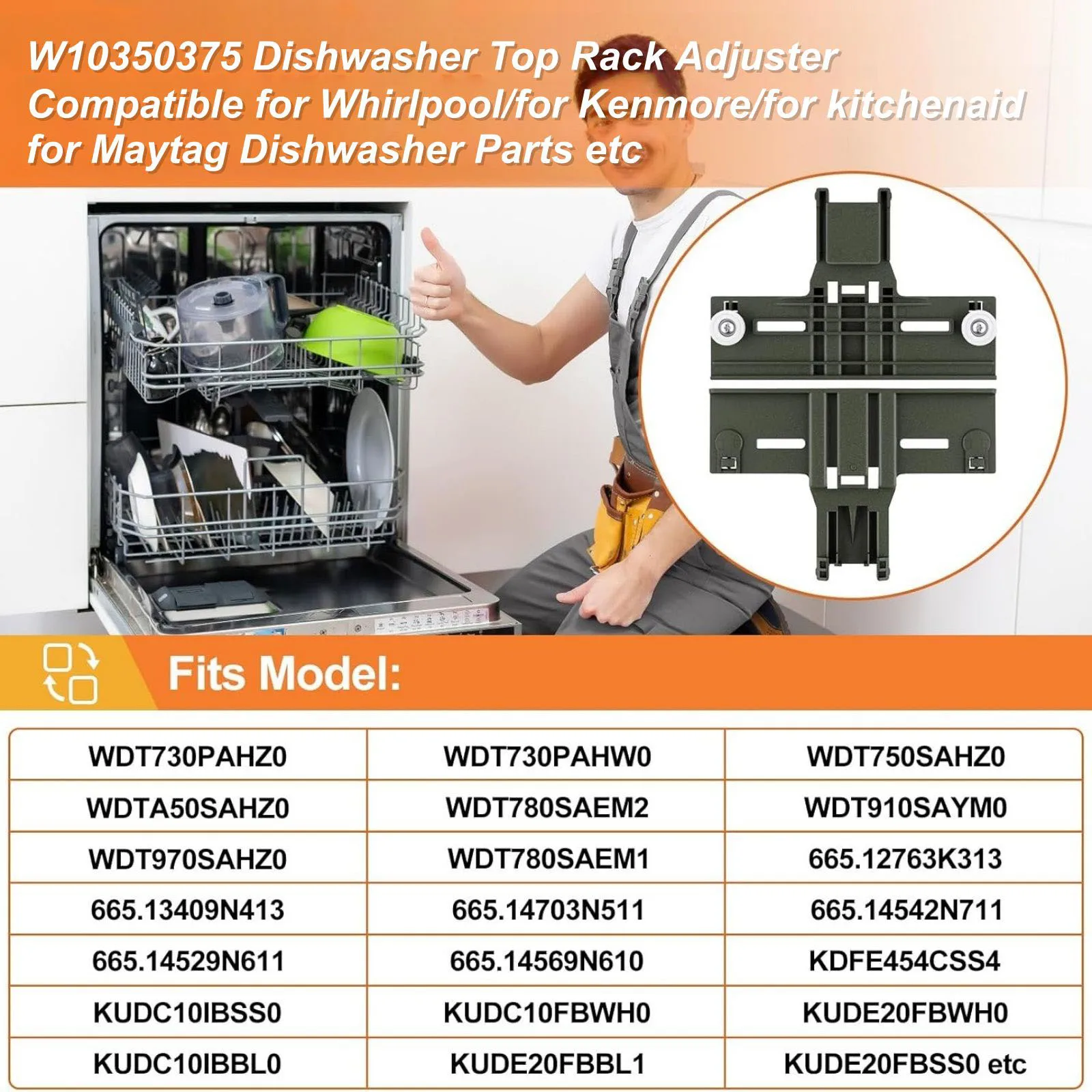 Upgraded Dishwasher Upper Rack Adjuster Kit for Whirlpool Maytag Kenmore, Replaces W10350375 W10195839, Polymer Durable view 3