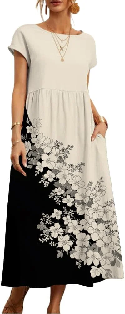 

Women's Summer Dress 2025 Beach Casual Floral Print Vest Loose Vest Skirt Pocket Outdoor Dress