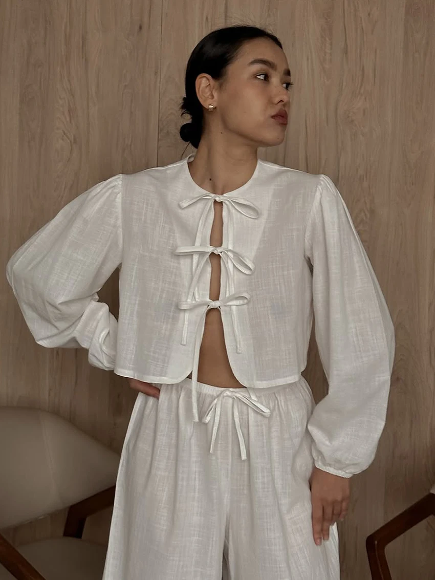 Marthaqiqi Cotton Women Pajamas Suit Long Sleeve Sleepwear O-Neck Nightgowns Lace Up Nightwear Pants Casual Nightie 2 Piece Sets