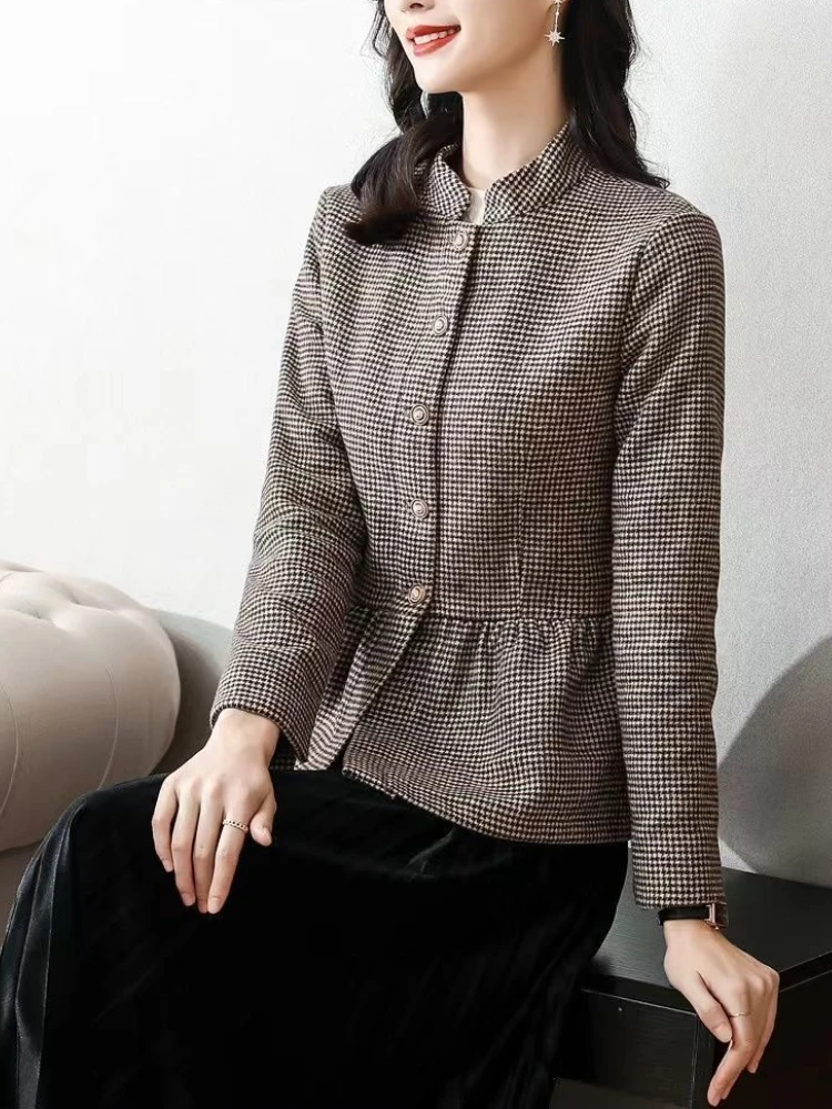 Woolen Jackets Women L-5XL Houndstooth Design Stand Collar Simple All-match Retro Slim Korean Style Female Spring Casual Chic