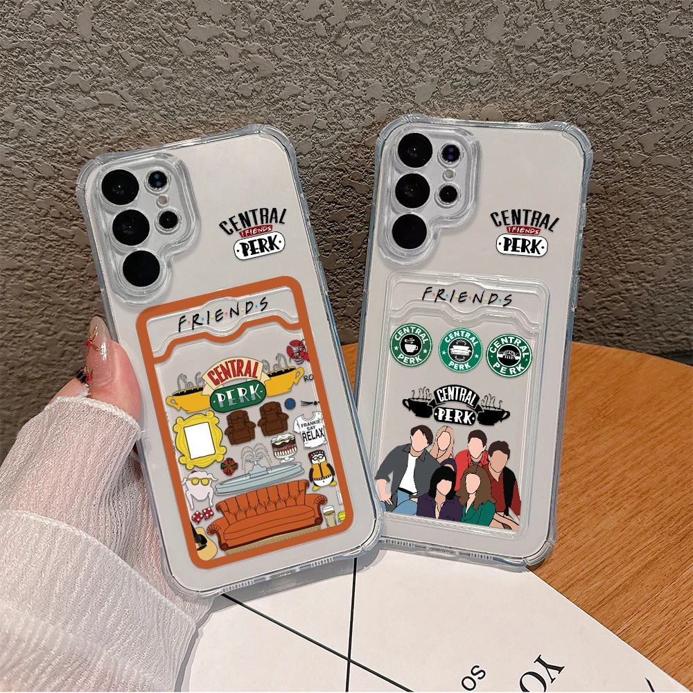 Central Perk Coffee Friends Card Hold Phone Case For Samsung S24 S23 S22 S21 S20 FE Plus Ultra M33 M53 M54 5G Anti-fall Clear