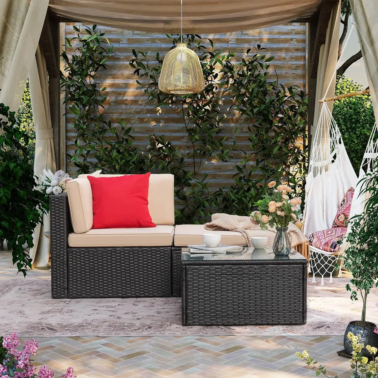 Patio Furniture Set Outdoor Conversation Sofa and Ottoman Rattan Sectional Sofa with Glass Table for Balcony Lawn and Garden