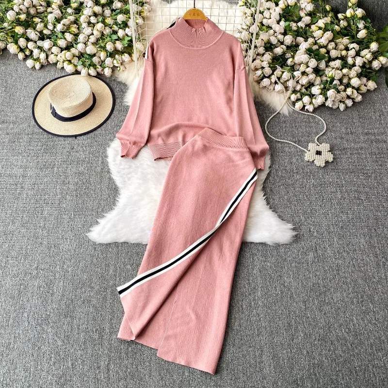 Jersey de punto grueso y cálido con cuello medio alto que combina con todo, tendencia sencilla, faldas con abertura a rayas de cintura alta americanas, conjuntos de dos piezas