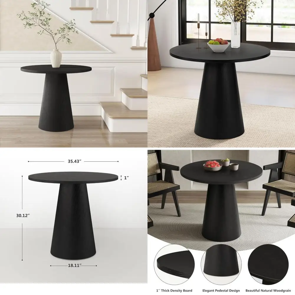 Small 35 Round Wooden Dining Table for 2-4, Modern Farmhouse Style Kitchen Table with Pedestal