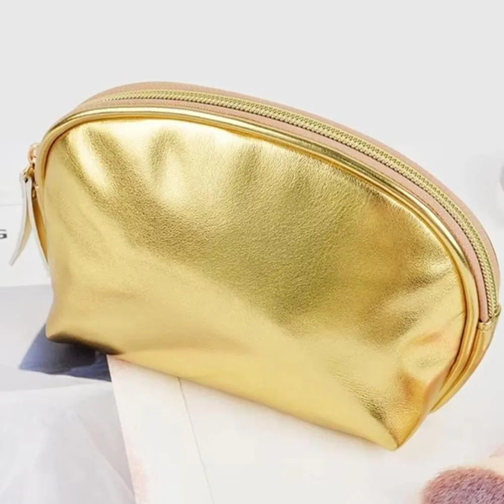 Portable Silver/Gold Handheld Makeup Bag Waterproof PU Leather Makeup Pouch Zipper Closure Soft Cosmetic Bag Cosmetic Storage