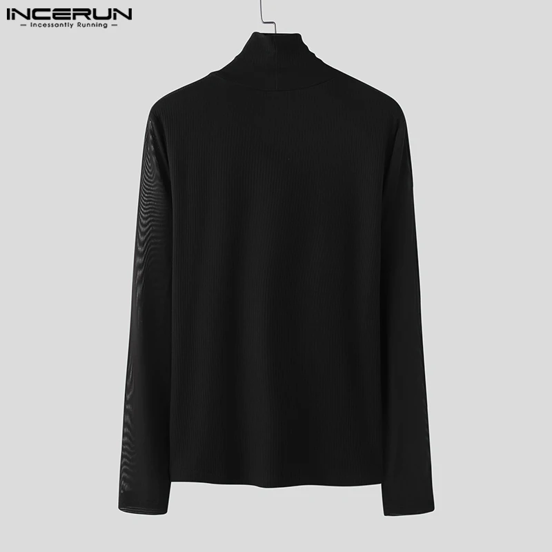 2024 INCERUN American Fashion Tops Men Casual High Collar Solid T-shirts Striped Lace Splicing Long Sleeve Tees Elegant Outfits