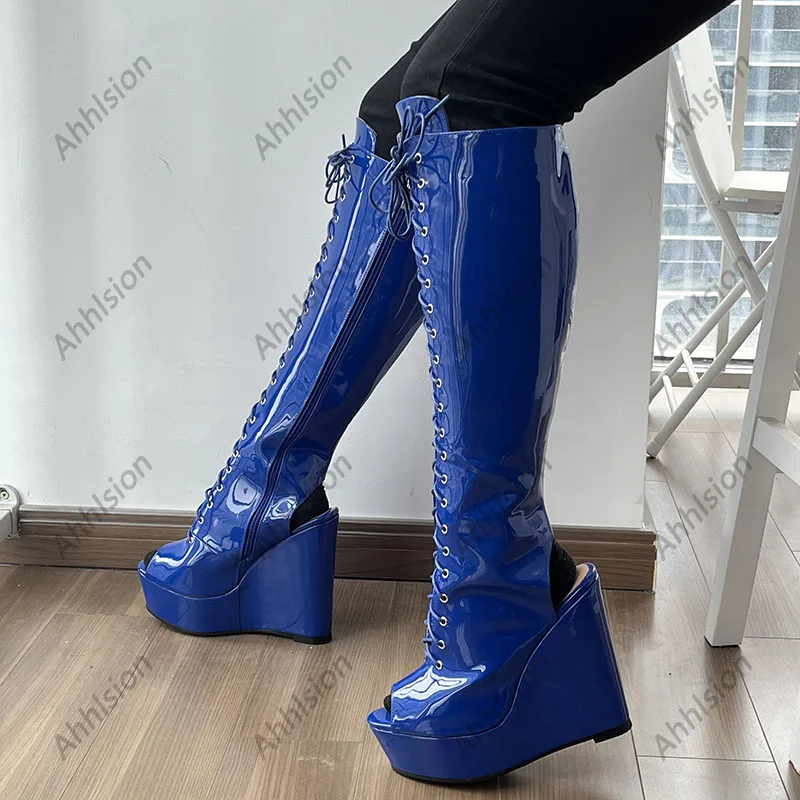 Ahhlsion Women Spring Knee Boots Wedges Heels Peep Toe Beautiful Light Blue Cosplay Shoes Ladies US Plus Size 5-20