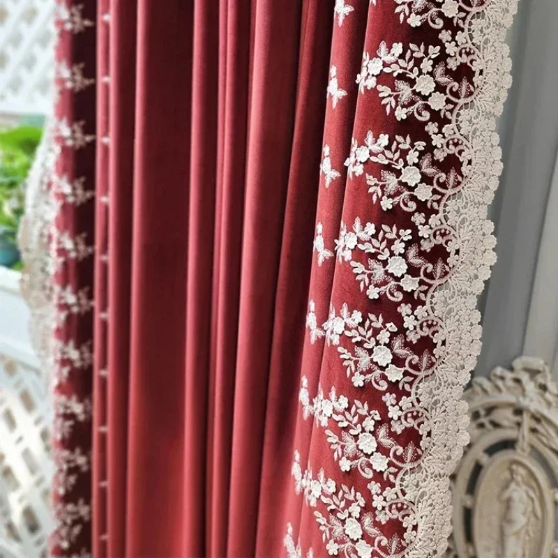 Custom  Size！！French Velvet Vintage Wine Red Lace Embroidery Patched Elegant Curtains for Bedroom Living Room Villa Window