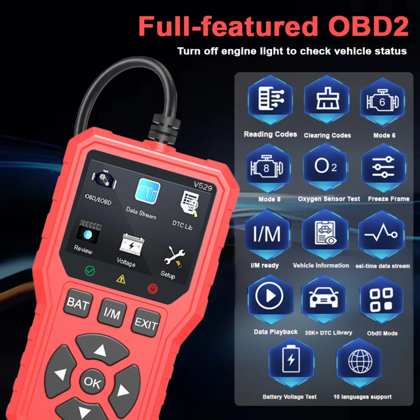 

Диагностический сканер FOXSUR V529 OBD2 с функцией сброса кодов и тестирования батареи, профессиональный инструмент для диагностики неисправностей автомобиля.