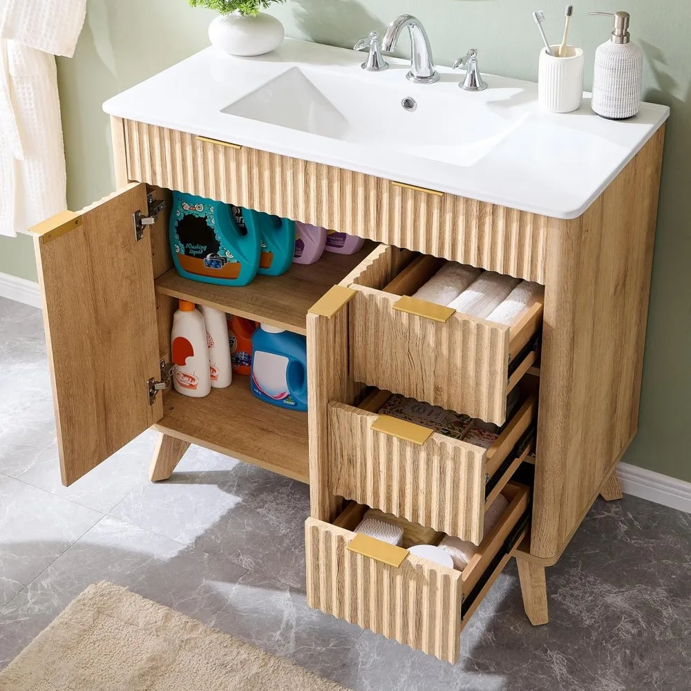 36 inch modern fluted vanity with ceramic sink and soft-close storage cabinet