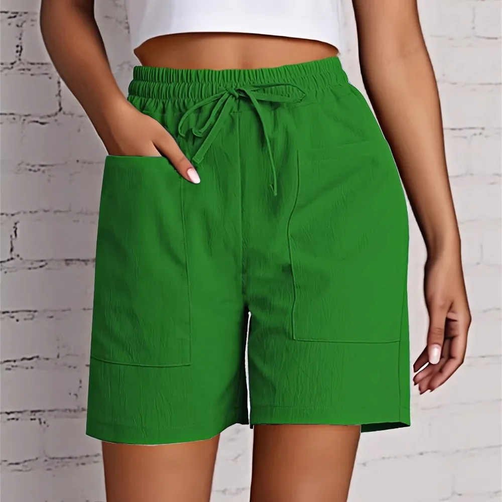 Women Large Pocket Solid Color Drawstring Casual Shorts New European Style Ladies Daily Streetwear Chic Versatile Fashion Sexy