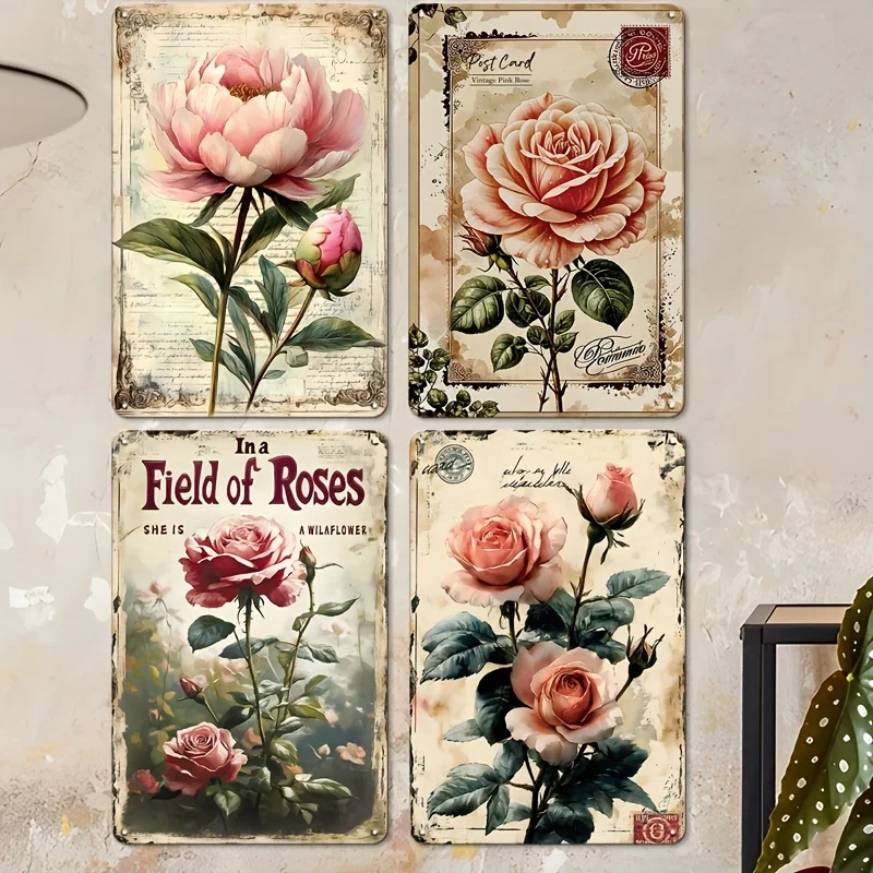 Decorative Plaques 4pcs Set,Vintage Pink Rose Metal Wall Art Signs,Rustic Farmhouse Decor With Elegant Pink Roses, Retro Signage