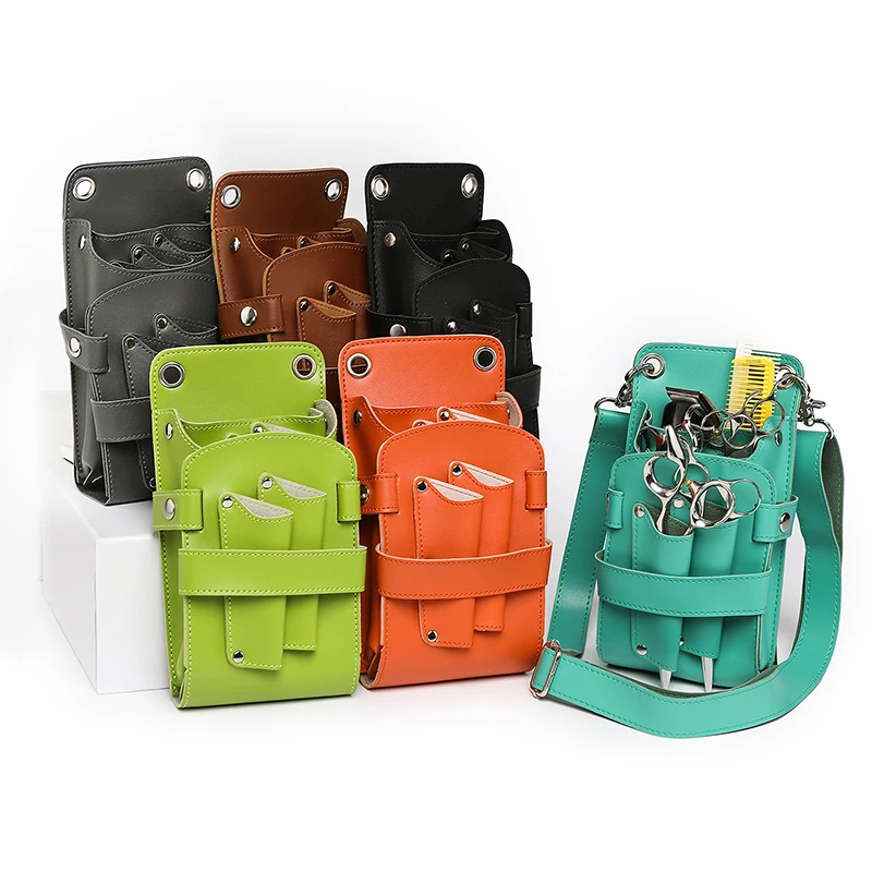 5 Pockets Hair Scissor Bag PU Leather Crossbody Hair Cutting Bag Pet Scissors Tool Storage Bag Fanny Pack With Removable Belt