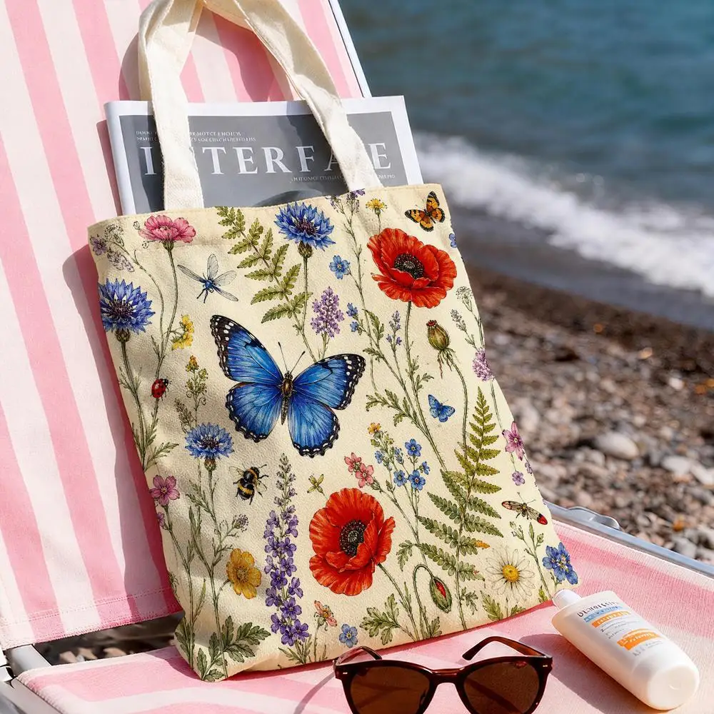 Watercolor Insects And Flowers Storage Bags Double-Sided Printed Canvas Tote Bag Large Capacity Women Shoulder Handbag