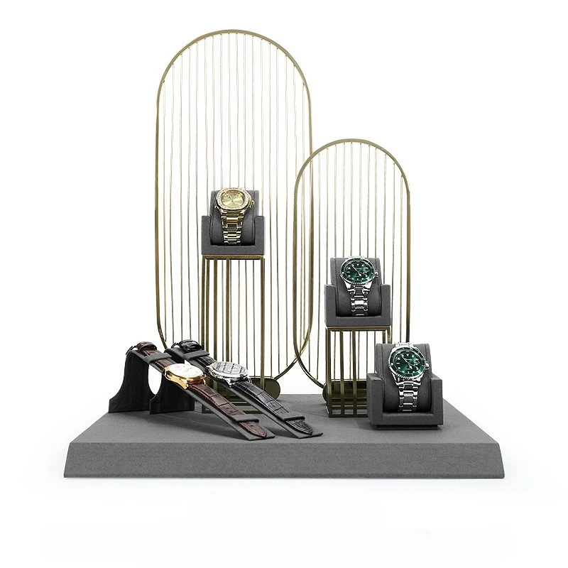 New high-end gray jewelry display stand, double pillow bag, watch stand, rectangular metal line backplate, jewelry props