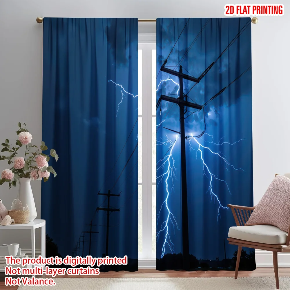 

2D flat printing 2pcs Window Curtains Stormy Night Lightning Digital Printed Polyester Drapes Birthday Party for Photo Booths &